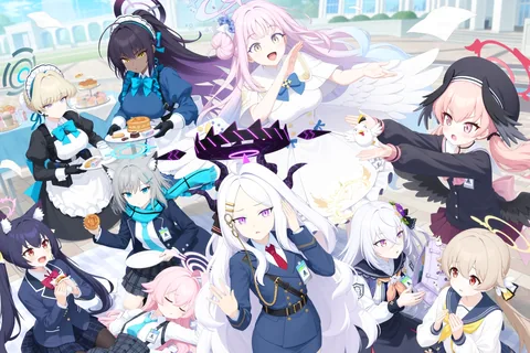 Ten Blue Archive students in one chaotic group shot