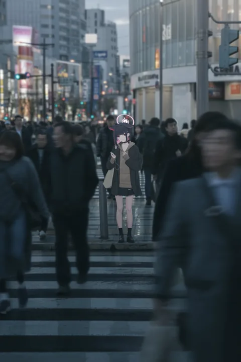 Kazusa from Blue Archive at a Tokyo crosswalk
