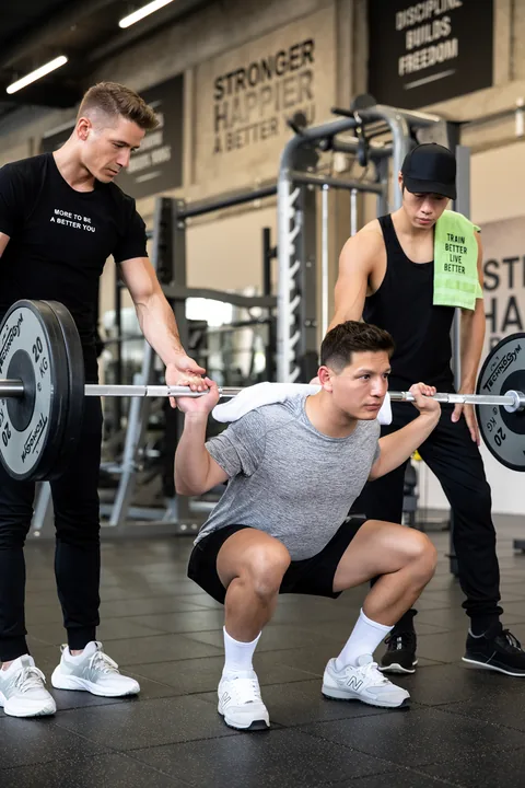 Gym squat session with slogan posters